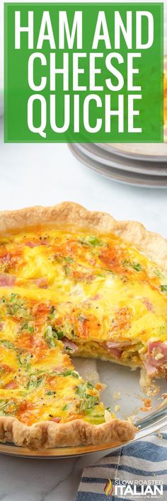 ham and cheese quiche on a plate with a slice missing