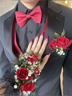 #prom Black Suit With Red Accents Prom, Red Homecoming Couple Outfit, Suits For Guys Prom, Maroon And Black Prom Couple, Maroon Homecoming Couple, Black And Red Hoco Outfit Men, Suits For Homecoming Men, Black Suit With Red Vest