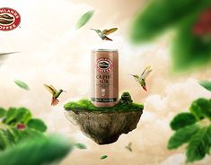 a can of coffee is floating in the air with birds flying around it and on top of an island