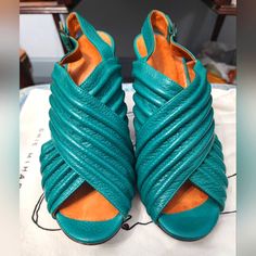 These Are Gorgeous Chie Mihara Sandals On A 3/4" Platform And A 4 Inch Heal (3-1/4 If You Account For The Platform). The Style Name Is Alubia, And The Color Is Ocean. I Wore Them Once On A Cruise. The Size Is 39. I Wear A 9.5 And They Were Still A Good Fit. Mihara Shoes, Chie Mihara Shoes, A 4, 4 Inch, Blue Green, Sandals, Women Shopping, How To Wear, Blue