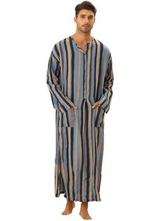 PRICES MAY VARY. 【STYLISHLY DESIGN】Long sleeves, button closure, ankle length, two side pockets, side split, striped nightgown. 【GIFT CHOICE】Fashion and colorful stripes nightshirt is a great gift for family, friend and boyfriend. 【OCCASION】This long gown is very pleasant to wear when you sleep, daily wear, indoor, outdoor and so on. 【MODEL SIZE】Loose Fit. Wear in size L (Height:6'2", Chest: 37 inches, Waist: 31 7/8 inches, Hip: 40 1/8 inches, Weight: 177 lbs). 【WARM TIPS】Machine Wash Cold Insid Casual Long Sleeve Kaftan For Loungewear, Mens Nightgown Vintage, Affordable Casual Men's Sleepwear, Striped Long Sleeve Sleepwear With Relaxed Fit, Luxury Men's Relaxed Fit Sleepwear, Cheap Men's Relaxed Fit Sleepwear, Lounge Wear Sets, Night Shirt, Long Gown