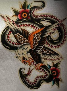 an eagle and snake tattoo on the side of a wall