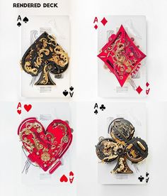 four playing cards with gold and red designs on them, all in the shape of hearts