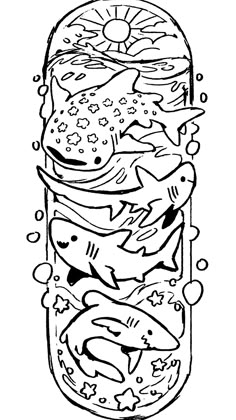 a jar filled with fish and bubbles on top of a white background in black and white