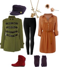 three different types of clothing and accessories including boots, hat, coat, scarf, gloves