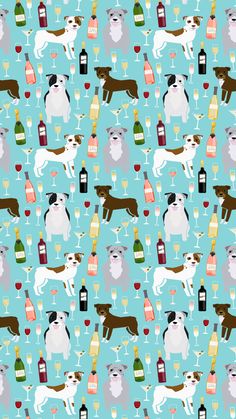 a pattern with dogs and bottles of wine on a light blue background that is seamless