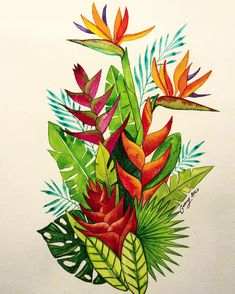 a painting of tropical flowers and leaves on a white paper background with watercolor pencils