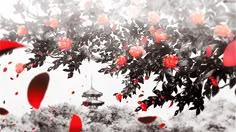 red flowers are growing on the branches of a tree