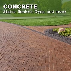 a brick driveway with landscaping and trees in the background that says concrete stains, sealers, dyes, and more