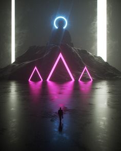 a man standing in the middle of an empty room with neon lights on it and mountains in the background