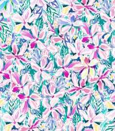 an abstract floral pattern with pink, blue and green colors