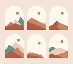 six mountains are shown with different shapes and sizes, including the sun in the sky