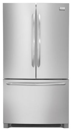 a stainless steel refrigerator freezer with two doors and one door on the left side