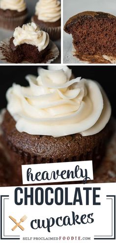 there is a chocolate cupcake with white frosting on top and the words heavenly chocolate cupcakes above it