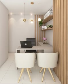 two white chairs sitting in front of a laptop computer on top of a wooden desk