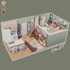 an image of a living room and kitchen in the same color scheme as shown on this floor plan