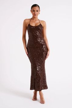 Brown dresses⎜Sparkle dresses⎜Summer dresses ⎜Going out dresses Sultry Winter, Lucy Birthday, 20th Bday, Satin Clutch, Long Gowns, Elegant Heels, William Blake, Sequin Maxi Dress, Sequin Maxi