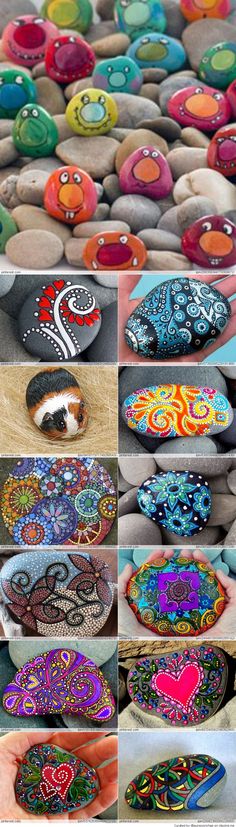 several pictures of different colored rocks with designs on them and one has a hand painted rock in the middle