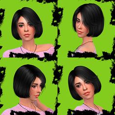 four different images of a woman with short hair and black hair, in front of a green background