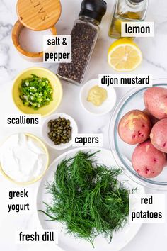 the ingredients to make this recipe include potatoes, lemons, dill, sour cream, salt and pepper