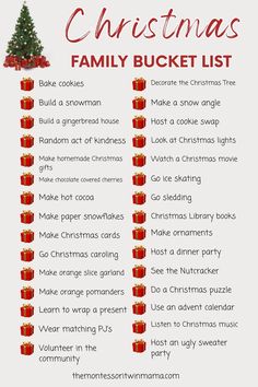 a christmas family bucket list with presents on it