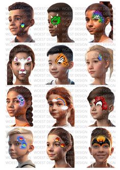 This listing is for a DIGITAL DOWNLOAD face painting design board featuring 12 fast designs for those events where the line only seems to get longer! It is designed for face painters: simply print and display! Please be aware: this is a digital download, NOT a physical item. When you buy this listing, you will immediately be able to download the files. In the download, you will find the following: 1. An overview PDF with all 12 designs, suitable for printing at A3 2. Zip files containing the 12 Face Painting Patterns, Face Painting For Boys Easy, Face Paint Ideas For Women, Easy Face Painting Ideas For Kids Simple, Fast Face Painting Designs, Face Paint For Boys, Face Painting Ideas For Boys, Easy Face Painting Designs Simple, Kids Makeup Ideas