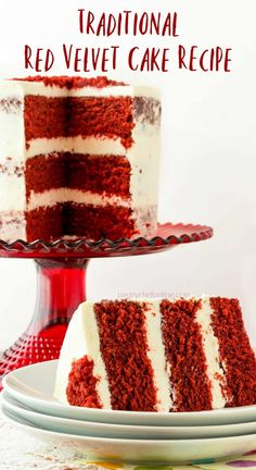 a slice of red velvet cake sitting on top of a plate next to another piece of cake