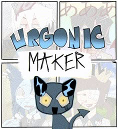 a black cat with yellow eyes is in front of a comic book cover that says,'ironic maker '