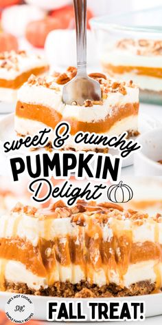 No bake pumpkin delight served on a white plate. Easy Pumpkin No Bake Recipes, No Bake Pumpkin Bars Healthy, Pumpkin Pretzel Dessert, Triple Layer Pumpkin Pie, Pumpkin Cheesecake Delight No Bake, Pumpkin Eclair Dessert, Pumpkin Delight Dessert No Bake, Pumpkins Dessert Recipes, Fall Potluck Ideas Dessert