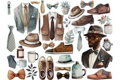 a watercolor painting of men's clothing and shoes, including hats, ties, mugs