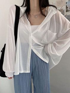 White Casual,Sexy Collar Long Sleeve Fabric Plain Shirt Embellished Slight Stretch Spring/Summer Women Clothing Moda Ulzzang, Korean Fashion Ideas, Chiffon Blouses, Summer Coats, Korean Fashion Outfits, K Fashion, Sheer Shirt, Korean Fashion Trends, Outfit Trends