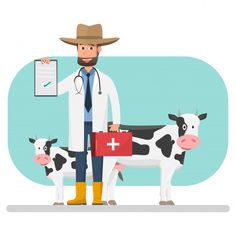 a male doctor standing next to two cows with a stethoscope in his hand