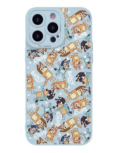 an iphone case with cartoon characters on it, and the back cover is made out of blue