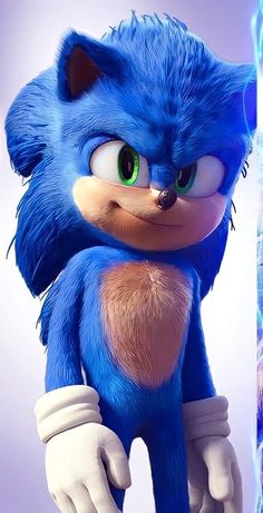 sonic the hedgehog is standing in front of a blue and white background with green eyes