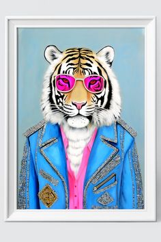 a painting of a tiger wearing sunglasses and a blue jacket with pink glasses on it's face