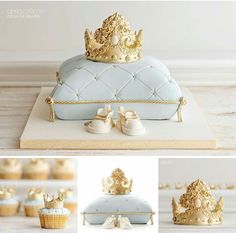 there is a cake with gold decorations on it