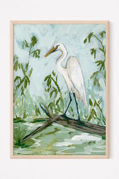 a painting of a white egret standing on a branch