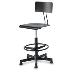 an office chair with a black seat and foot rest on the back of it, against a white background