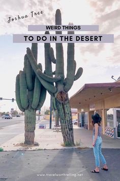 a woman standing in front of a giant cactus with the words weird things to do in the desert