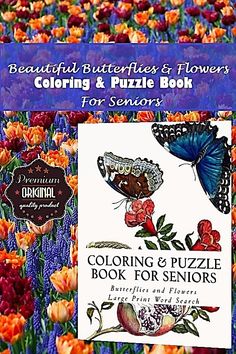 the front cover of a coloring and puzzle book with butterflies on it in a field of flowers