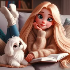 a woman sitting on a couch next to a white dog with long blonde hair reading a book