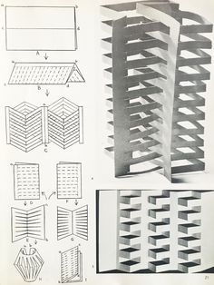 four different types of architectural drawings are shown in black and white, including the top part of a building