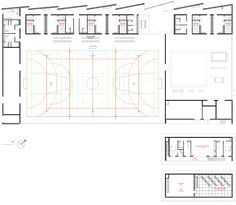 the floor plan for an indoor basketball court, with three different sections to each side