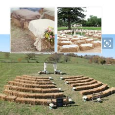 hay bales are arranged in the shape of a spiral staircase for an outdoor ceremony