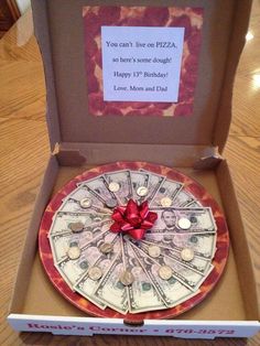 an open pizza box with money in it