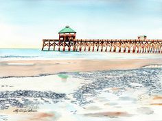 a watercolor painting of a pier on the beach