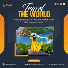 the travel flyer is designed to look like it has an image of a woman in a yellow dress and hat