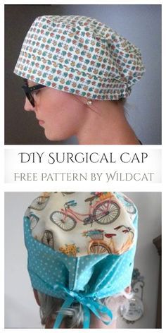 a woman wearing a surgical cap with a blue ribbon around the top and an image of a