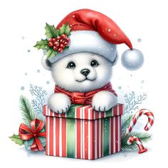 a polar bear wearing a santa hat sitting on top of a present box with candy canes