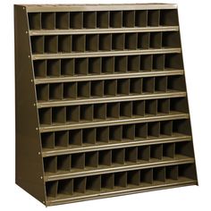 a large metal shelf with many bins on it's sides and two rows of shelves